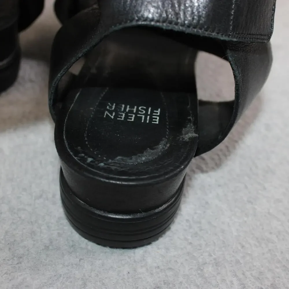 Eileen Fisher Sandals Shoes Womens Size 7 Black Leather Ankle Strap Flat Comfort